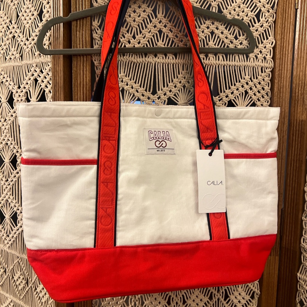 Calia Red and White Corduroy Tote Bag 14x20 NWT